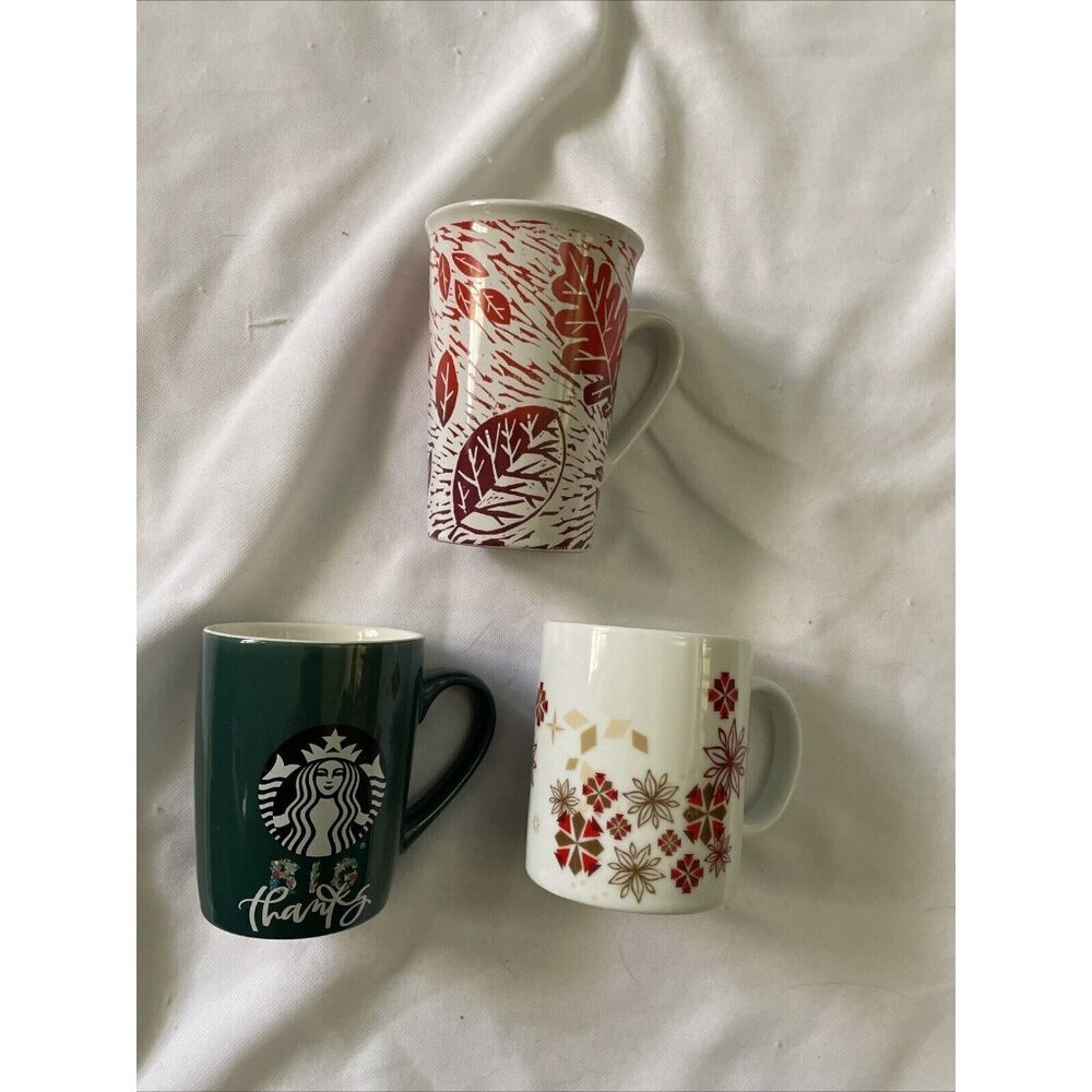 Starbucks Holiday Ceramic Mug Set Of 3 - Fall Leaves Thankful & Winter Snowflake
